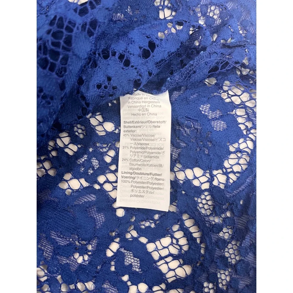 Royal Blue Floral Lace‎ Mock Neck Long Sleeve Top with Shoulder Buttons